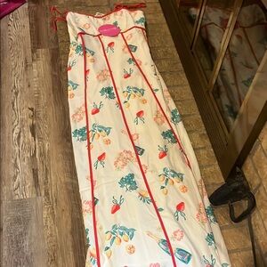 Main Strip Floral Dress with Red and Green Accents